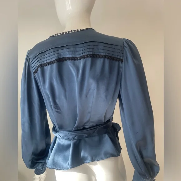 SANDRA ANGELOZZI Silk Wrap Blouse — Navy Silk Satin Wrap Top Large 42 - Picture 3 of 9